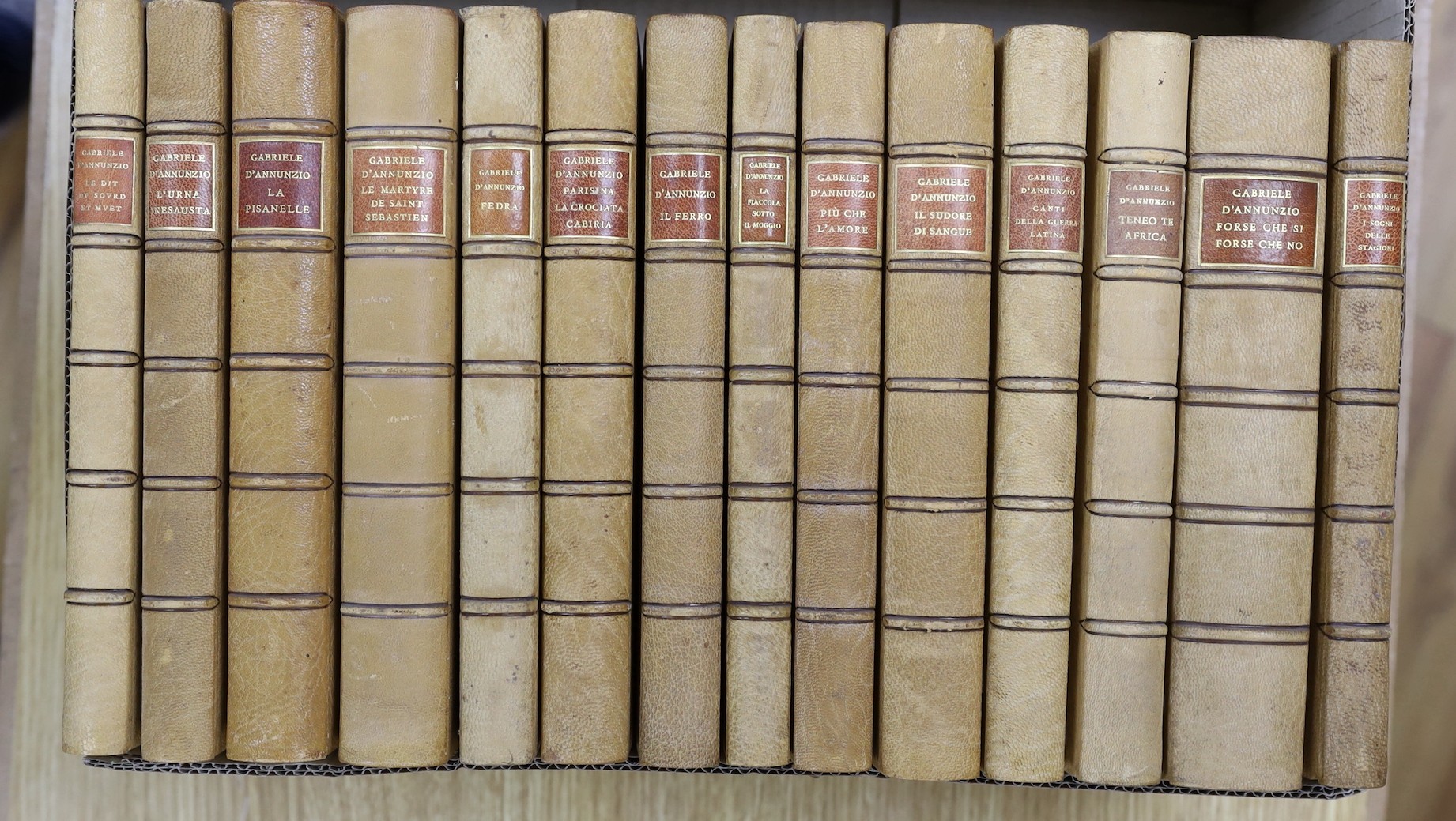 D'Annunzio, Gabriele - (Collected Writings, Instituto Nazionale Edition). 40 vols. photo plates and facsimiles; publisher's tan half morocco and marbled boards, panelled spines with red labels, gilt tops, partly unopened